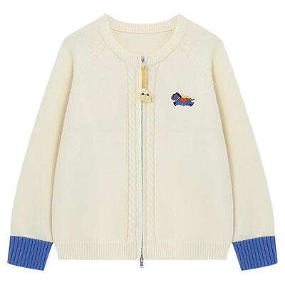 Basic House/百家好白色小马刺绣撞色毛衣开衫女春季小众百搭上衣