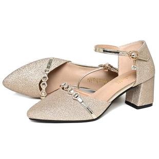 断码清仓真皮凉鞋女中跟一字扣高跟鞋包头女鞋粗跟软底单鞋