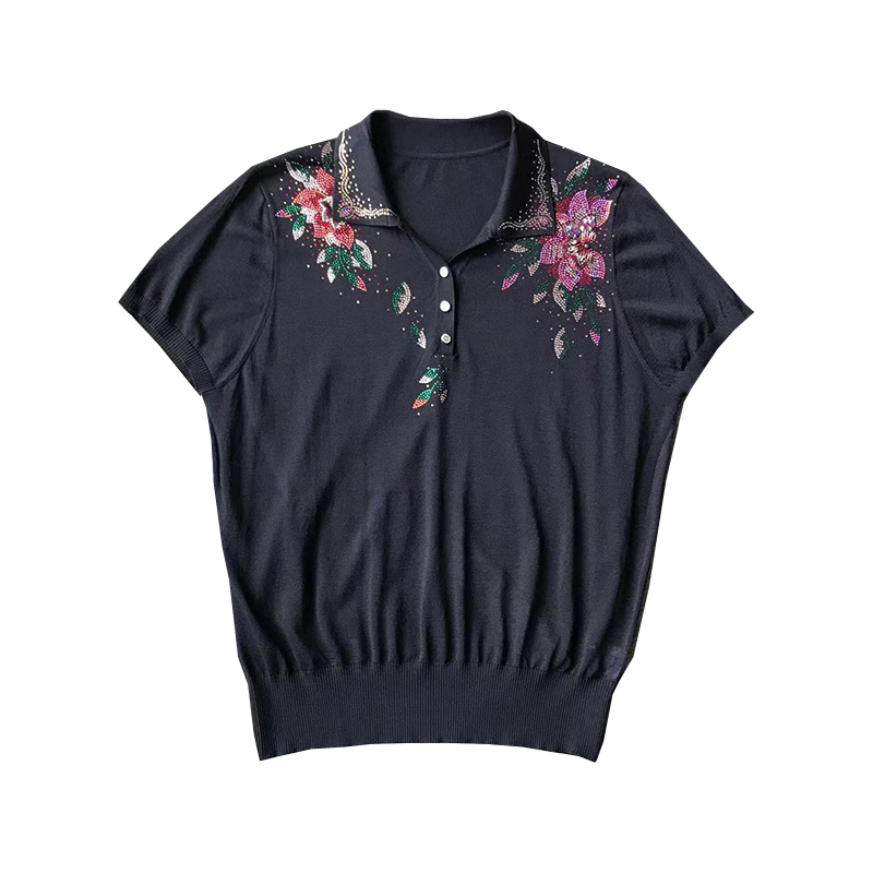 榮瀾24年夏季手工刺繡T恤女裝上衣POLO領(lǐng)冰絲針織衫中年媽媽裝寬