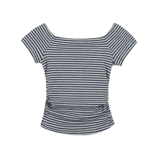 pusumede率性之选 一字肩条纹短袖t恤女收腰修身气质短款针织上衣