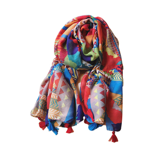 波西米亚民族风彩色几何流苏棉麻手感围巾夏季丝巾出游防晒沙滩巾