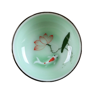 陶瓷青瓷功夫茶具鱼主人杯单杯斗笠小茶杯茶碗手绘荷花鲤鱼茶杯子