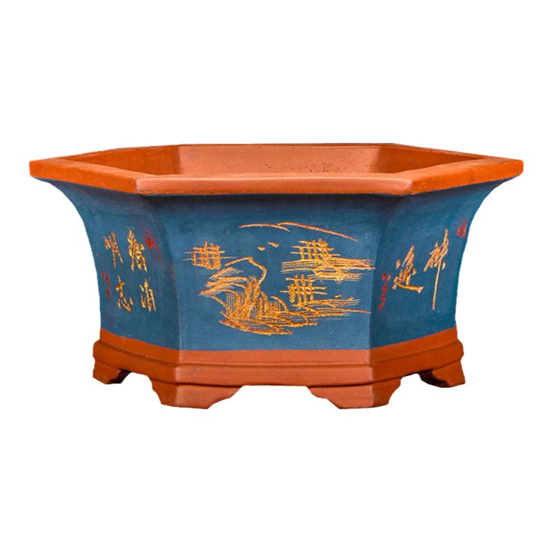 紫砂六角花盆陶瓷盆栽花卉中国风室内植物梅花榕树老庄盆景盆大号