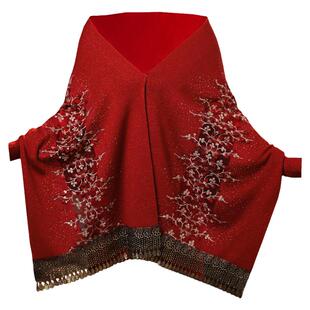 旗袍披肩婚礼宴会妈妈外搭春秋民族风酒红针织带袖斗篷外套围巾女