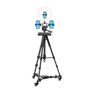 多机位三脚架滑轮手机移动直播支架专用多功能三机位拍摄带补光灯万向轨道滚轮支撑架拍视频便携式落地三角架