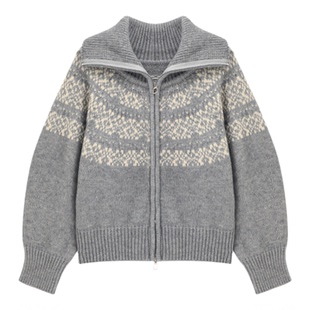 百家好2026早春费尔岛百搭红色高领毛衣拉链开衫女新款复古短上衣