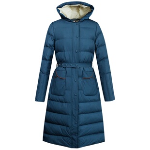 纻衣蓝色连帽羽绒棉服女新款2026冬装文艺绣花收腰显瘦中长款外套