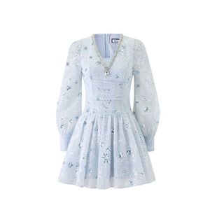 Misi.Camii2024早春新款女士V领珠片纱鱼尾礼服裙短款A字连衣裙