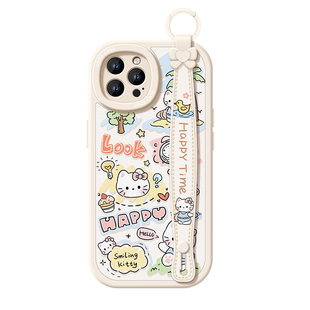 hello小猫适用苹果16Promax手机壳14pro新款女iPhone13全包17手绳防摔iPhone15腕带挂绳12pro斜跨11挂脖x背带