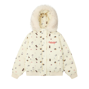 文文不乖原创可爱小猫小狗满印毛领连帽棉服外套女冬季保暖面包服