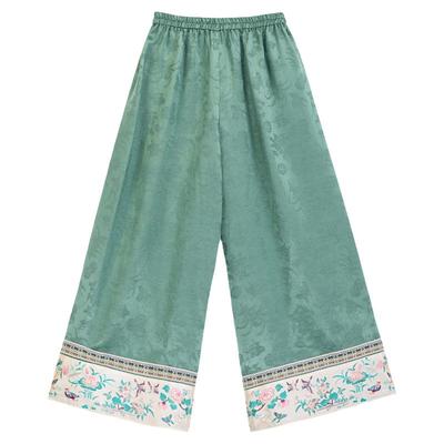 清荷小景丨一城风絮丨绿色提花缎脚口绣花阔腿裤复古百搭女裤