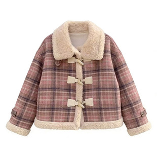 格子皮毛一体羊羔绒外套女短款冬季2025新款爆款小个子羊羔毛棉服