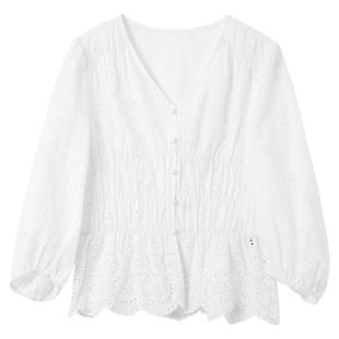 ibudu2025春季新款纯棉绣花衬衫V领灯笼袖套头小衫度假女