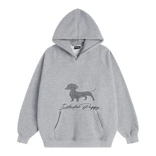 INSstudios 国潮美式「珍珠小狗刺绣连帽卫衣」宽松加绒上衣帽衫