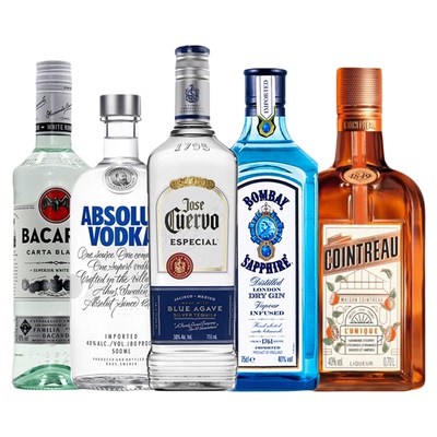 长岛冰茶！百加得白+瑞典绝对伏特加+豪帅银+孟买蓝宝石+君度套装