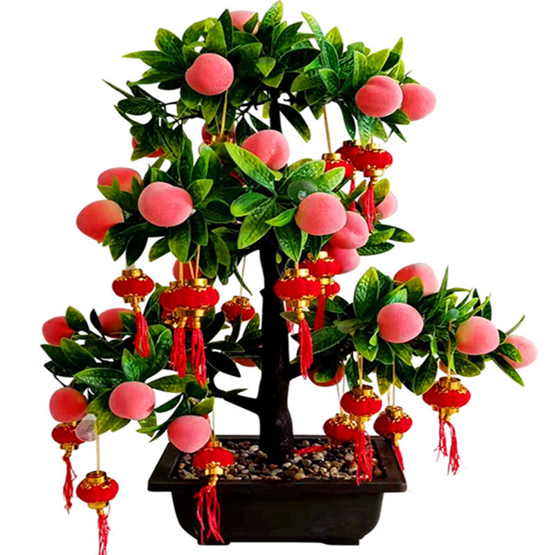 新年客厅发财树 仿真水果树春节塑料假花绿植桃子苹果树酒柜盆栽