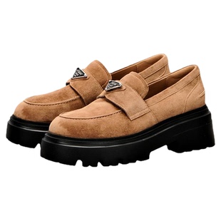 头层羊皮反绒面星期六早春厚底乐福鞋女秋冬季真皮英伦一脚蹬单鞋