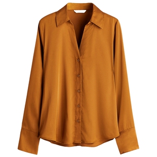 HM女装衬衫春季高智感时尚V领通勤内搭打底衫长袖缎面衬衣0939703