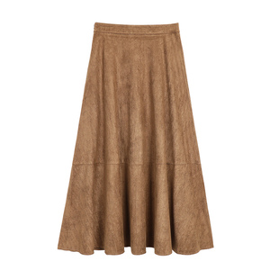 pusumede鎏金碎片 咖色麂皮绒a字半身裙女复古气质高腰大裙摆长裙