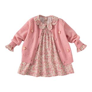 贝贝城儿童连衣裙套装宝宝娃娃领碎花裙女童甜美针织开衫时髦春装