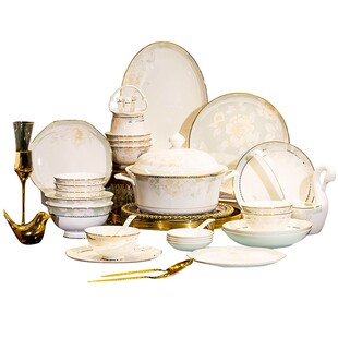 新中式景德镇骨瓷家用陶瓷餐具全套饭碗面碗鱼盘套装自选组合