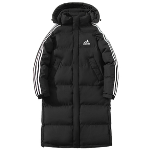 长款过膝羽绒服男女新款连帽冬季上衣加厚情侣装白鸭绒三条杠外套