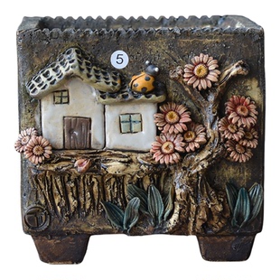 青藤花器手工粗陶多肉植物盆小方口群生手捏立体花复古肉肉花盆