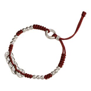 吴越老银铺纯银五帝钱银珠编织红绳手链轻奢小众本命年手串女手饰