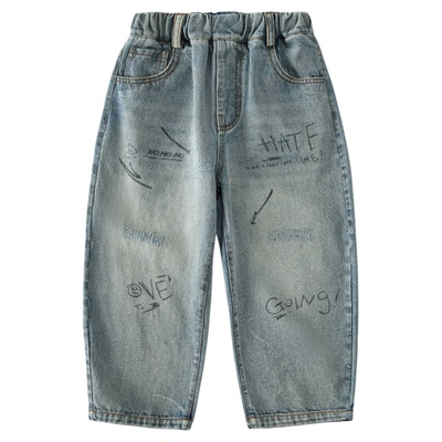 男童牛仔裤秋季2025新款春秋款儿童微喇叭宽松休闲印花时尚潮长裤