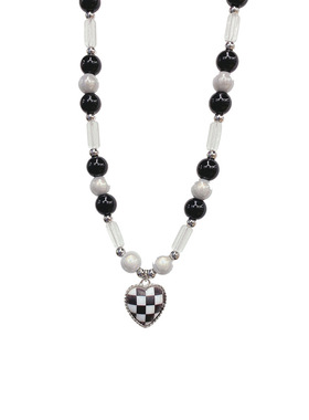 棋盘格爱心吊坠反光珍珠拼接项链