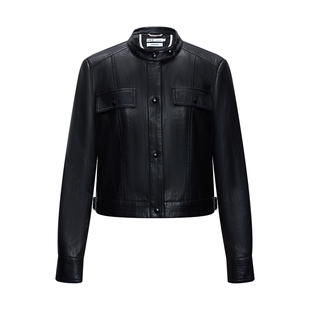 LILY2026春新款女装小立领正肩休闲气质通勤机车夹克上衣皮衣外套