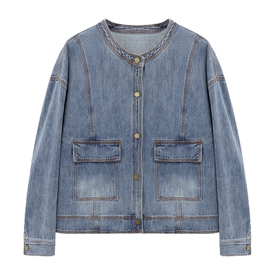 Basic House/百家好复古圆领牛仔外套2026新款莱赛尔短款夹克上衣