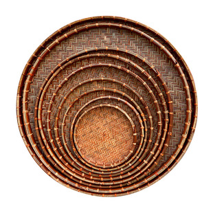 复古竹编圆簸箕家用收纳盘大小号无孔竹匾茶叶干货晾晒盘装饰簸箕