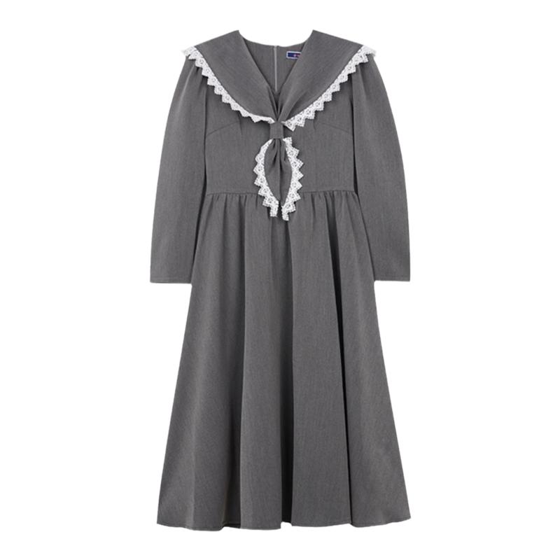 南君秋季新品 【烟火梦】jk制服风格海军领灰色长袖连衣裙长裙