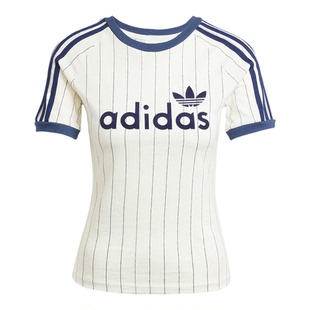 Adidas/阿迪达斯正品三叶草男米白色条纹线性经典徽标短袖JC7705