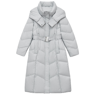 DM100大码百分百女装微胖mm冬季通勤连帽收腰三防长款加厚羽绒服