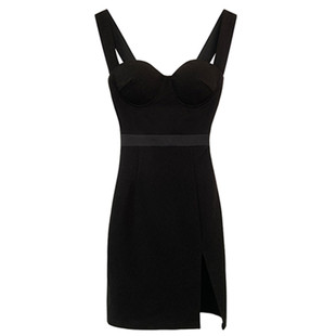 自带胸垫设计感黑色性感不对称开叉连衣裙女礼服修身新款吊带短裙