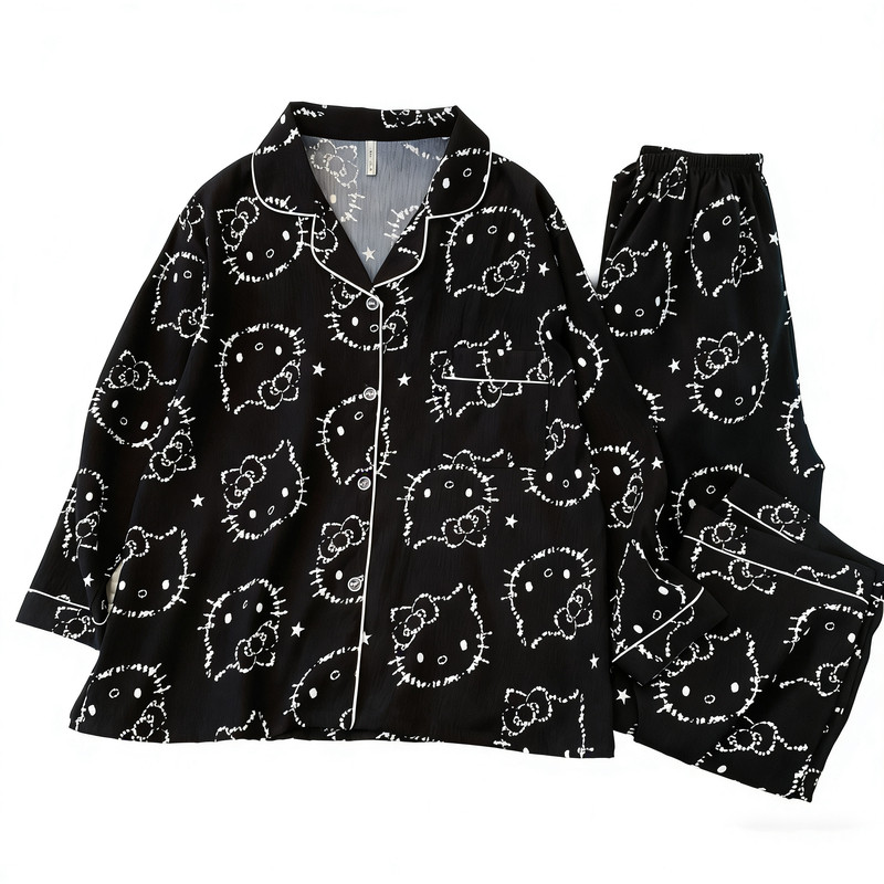 大码黑色Kitty猫睡衣女长袖胖人宽松加肥加大300斤春秋居家服套装