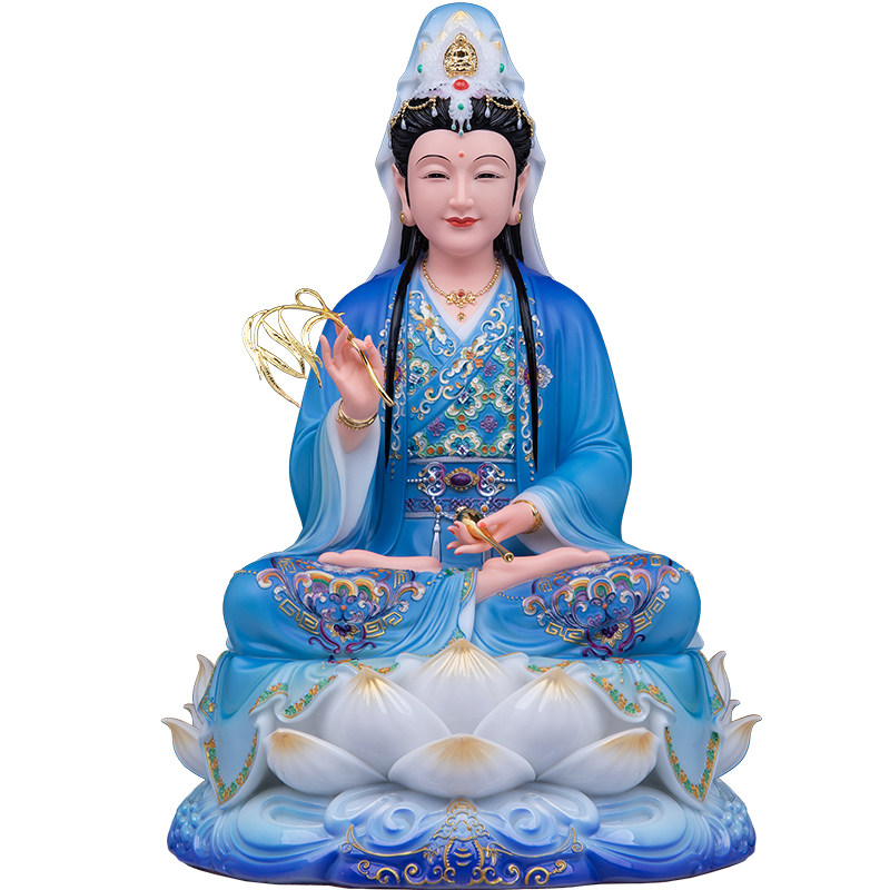 观世音菩萨汉白玉实心人造玉蓝衣红衣白衣娘娘送子观音坐像摆件