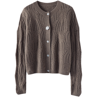 名门媳妇！花朵扣100%羊绒开衫女纯羊绒毛衣镂空针织开衫外套秋冬