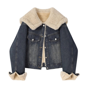 高级感翻领羊羔毛加绒牛仔外套女冬季新款加厚气质短外套棉服上衣