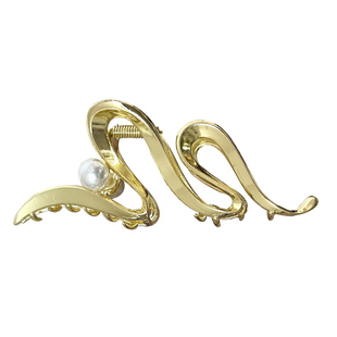 银色金属波浪形人造珍珠发夹女后脑勺发量多抓夹大号鲨鱼夹子发卡