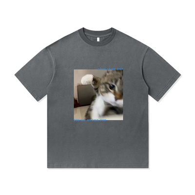 趣味哈基咪挥拳猫猫小众复古印花美式纯棉短袖T恤衫宽松百搭男装