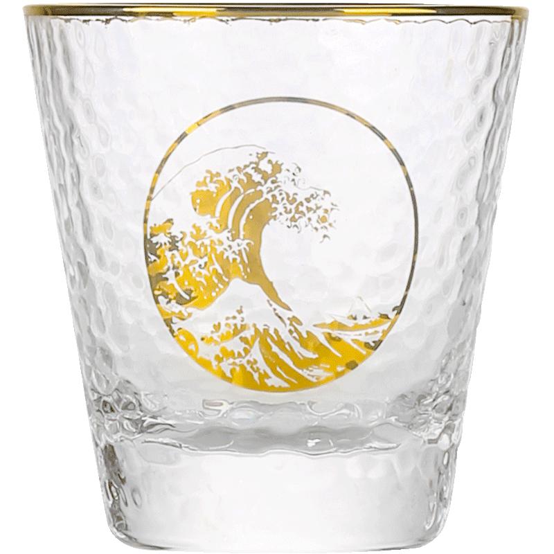 大英博物馆浮世绘神奈川冲浪里透明玻璃水杯锤纹杯子烫金边玻璃杯
