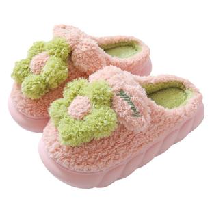 厚底棉拖鞋女秋冬季卡通可爱花朵高跟拖鞋冬加绒月子保暖防滑外穿
