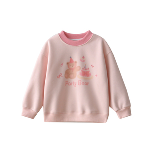 一体绒儿童加绒圆领卫衣 女童卡通小熊保暖宽松上衣 中小童春秋款