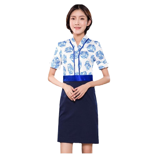 奥凯空姐制服职业连衣裙女青花瓷酒店工装美容售楼医导金店工作服