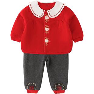 英格贝贝女宝宝套装婴幼儿唐装周岁百日宴礼服新年拜年服大红喜庆