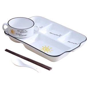 陶瓷分格餐盘家用儿童套装五格食堂打饭自助大人减脂定量加深盘子