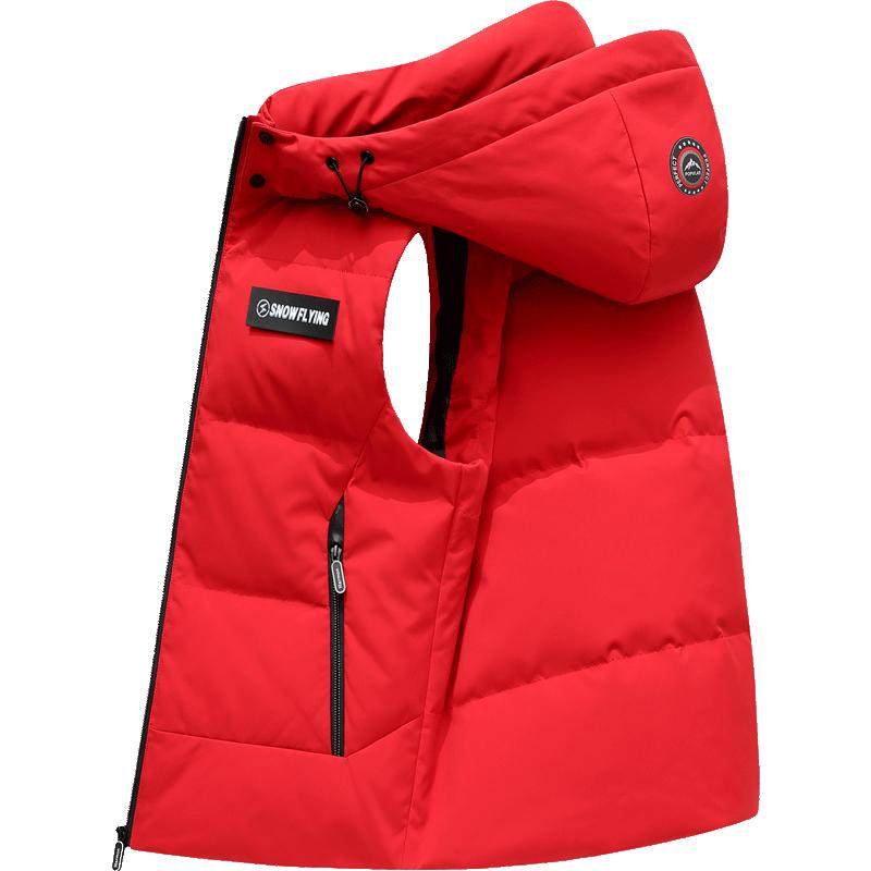 雪中飞羽绒背心男时尚连帽红色马甲2025秋冬季新款无袖羽绒服马夹